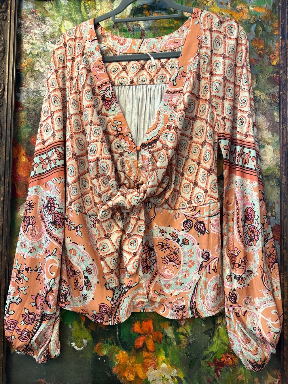 Free People Peach Paisley Tie-Front Blouse